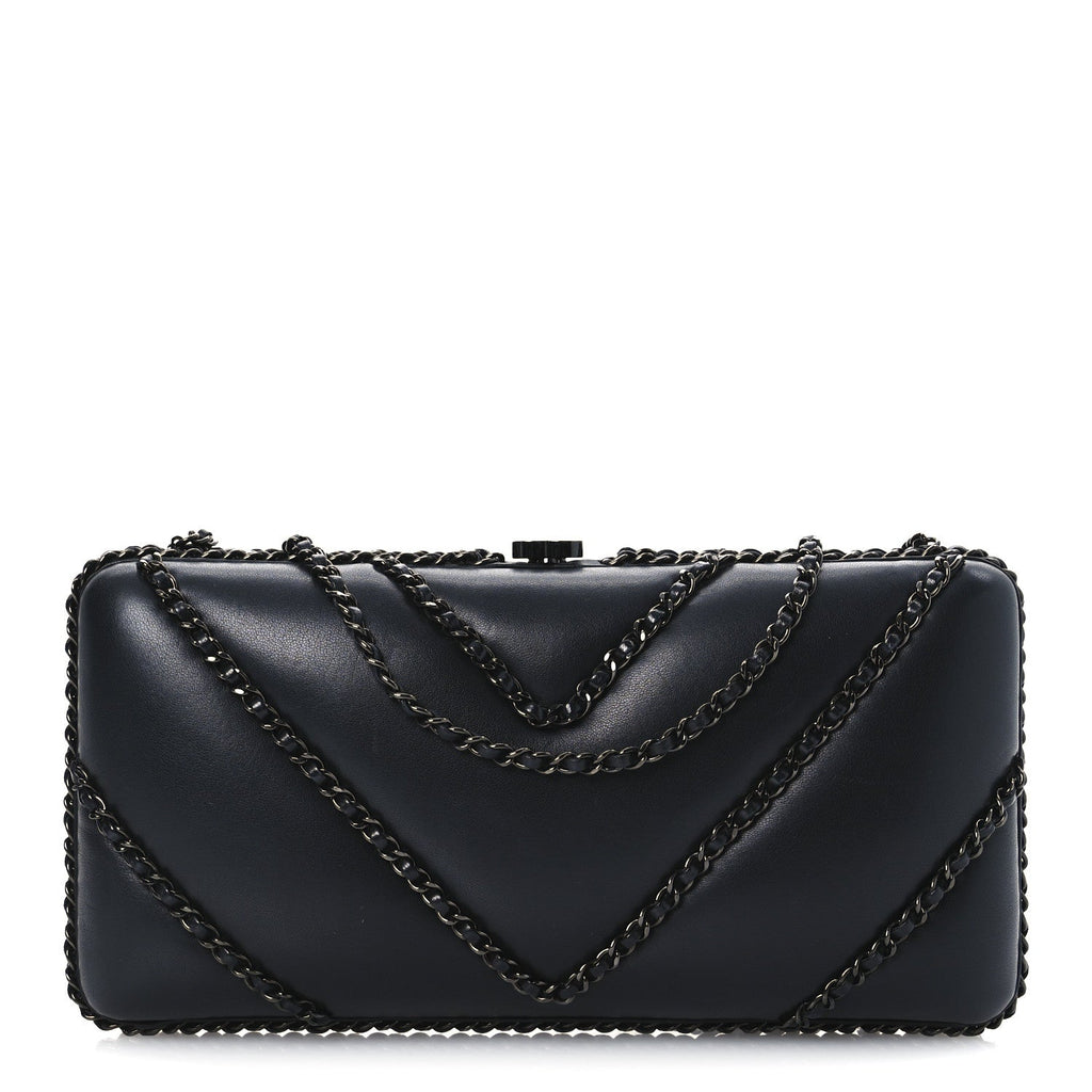 Lambskin Chevron Quilted Chain Around Clutch Black