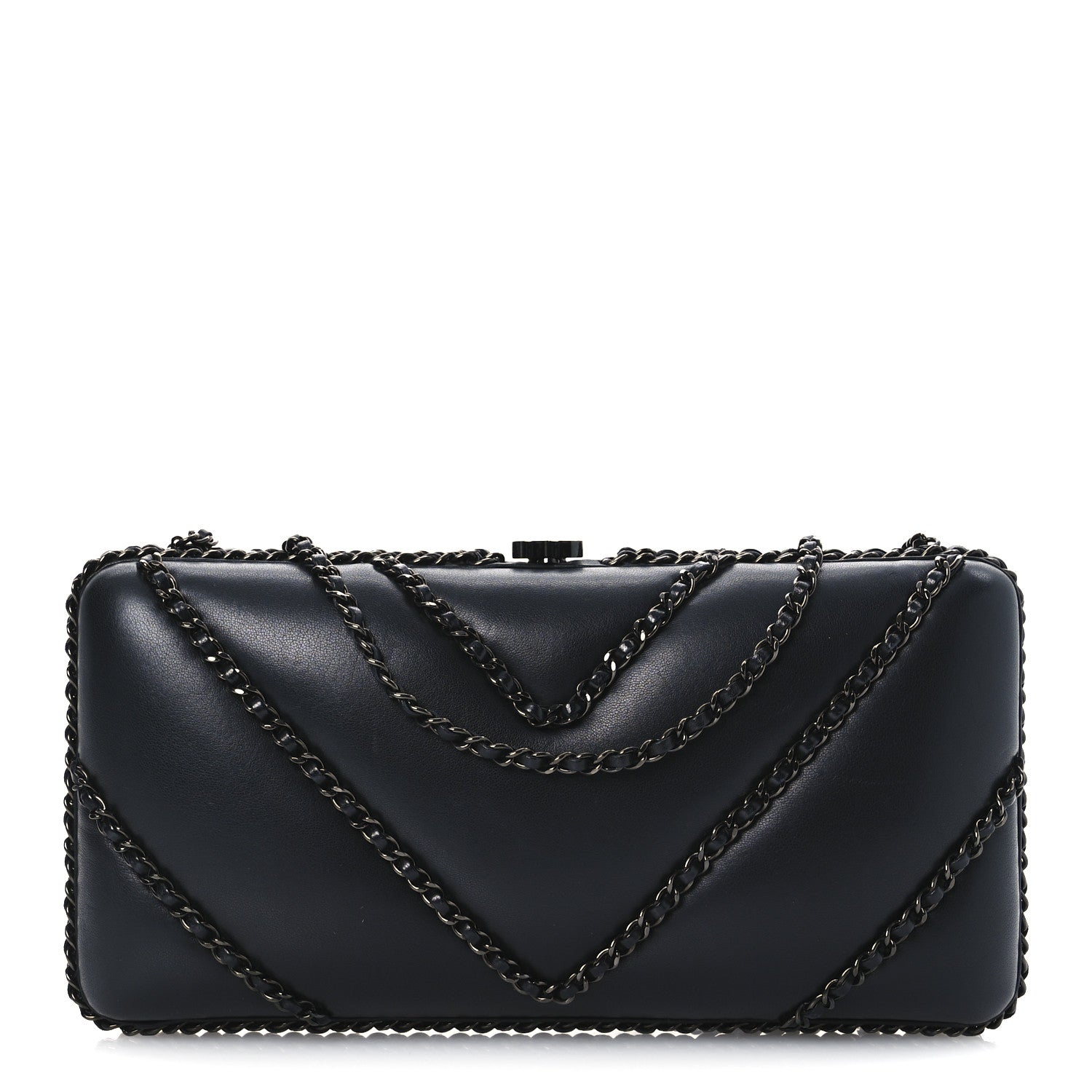 Lambskin Chevron Quilted Chain Around Clutch Black