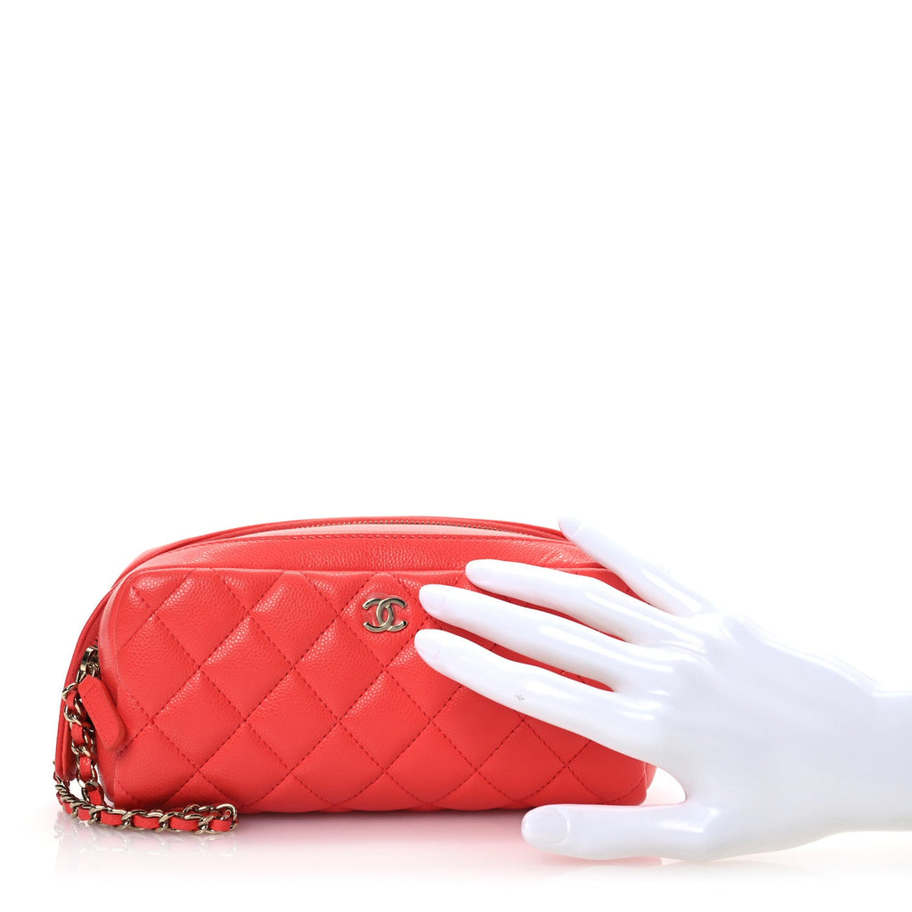 Caviar Quilted Double Zip Pouch Cosmetic Case Coral