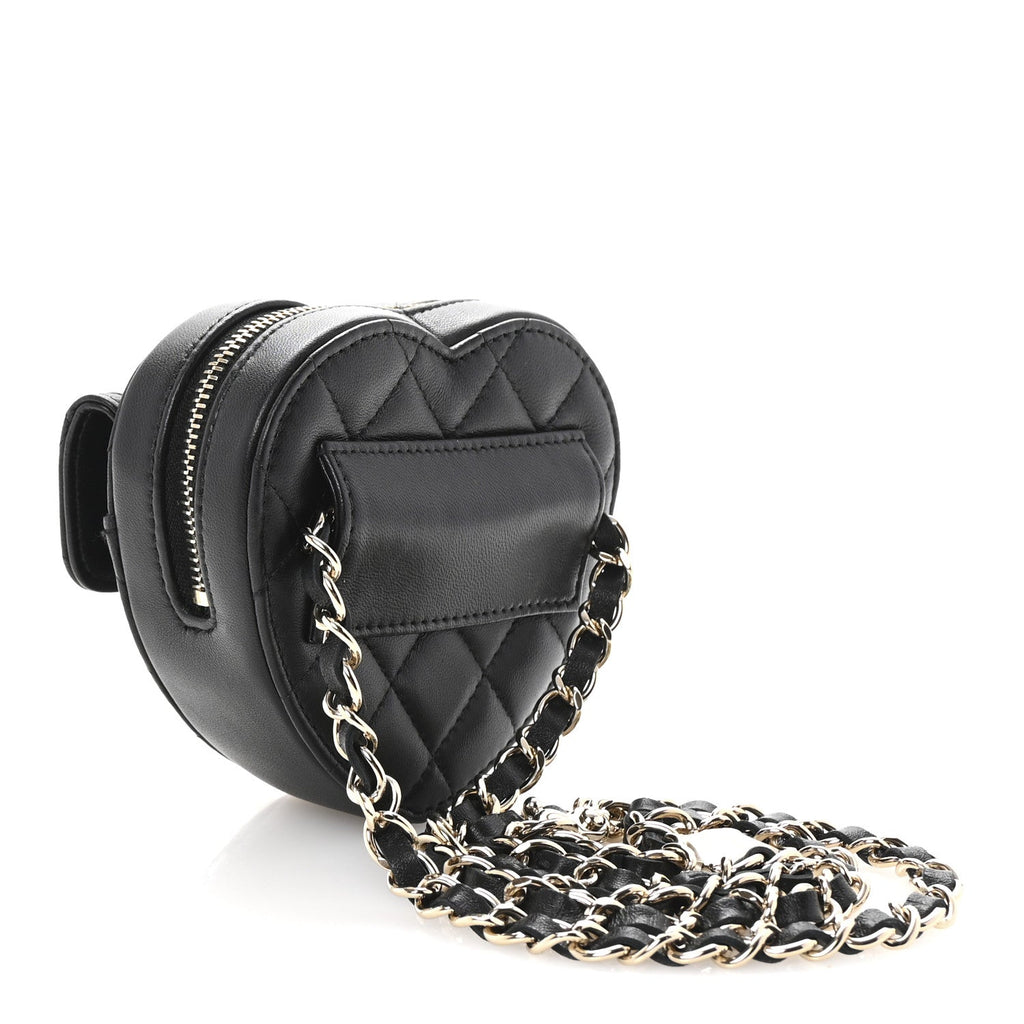 Lambskin Quilted CC In Love Heart Waist Belt Bag With Chain Black
