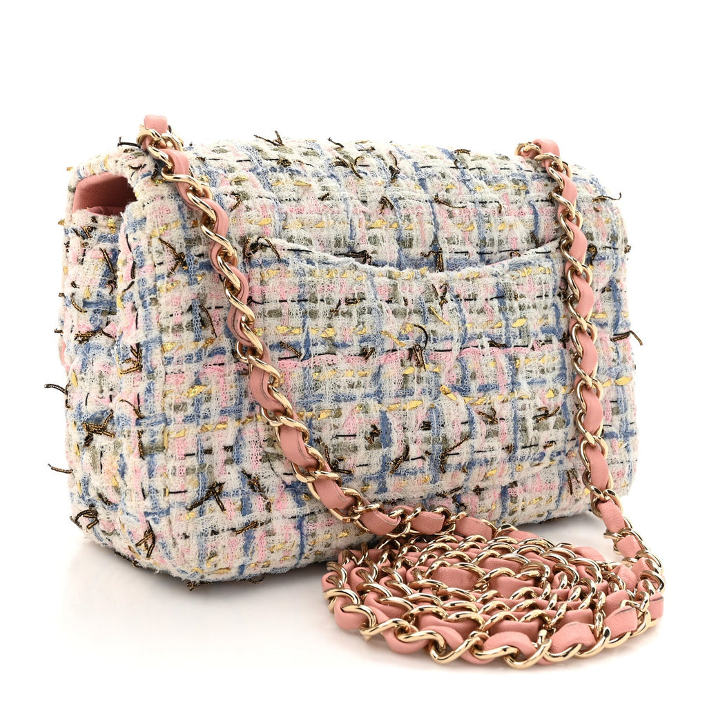 Tweed Quilted Mini Rectangular Flap Light Blue Pink Gold White