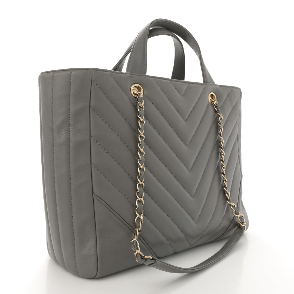 Calfskin Chevron Quilted Statement Shopping Tote Grey
