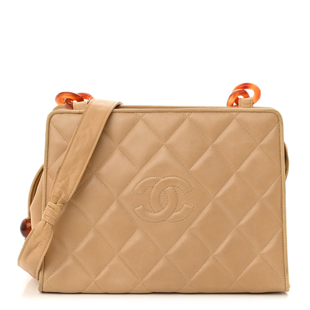 Lambskin Quilted Diamond CC Bekko Chain Shoulder Bag Beige