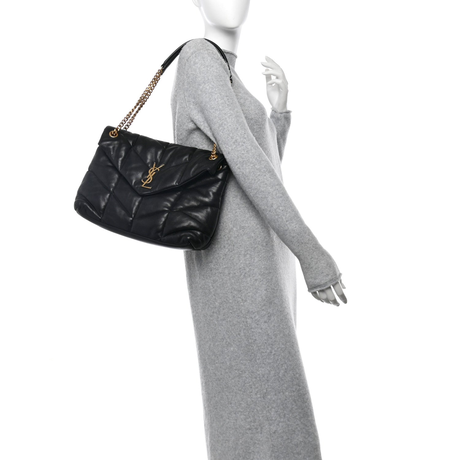 Lambskin Quilted Medium Loulou Puffer Monogram Chain Satchel Black