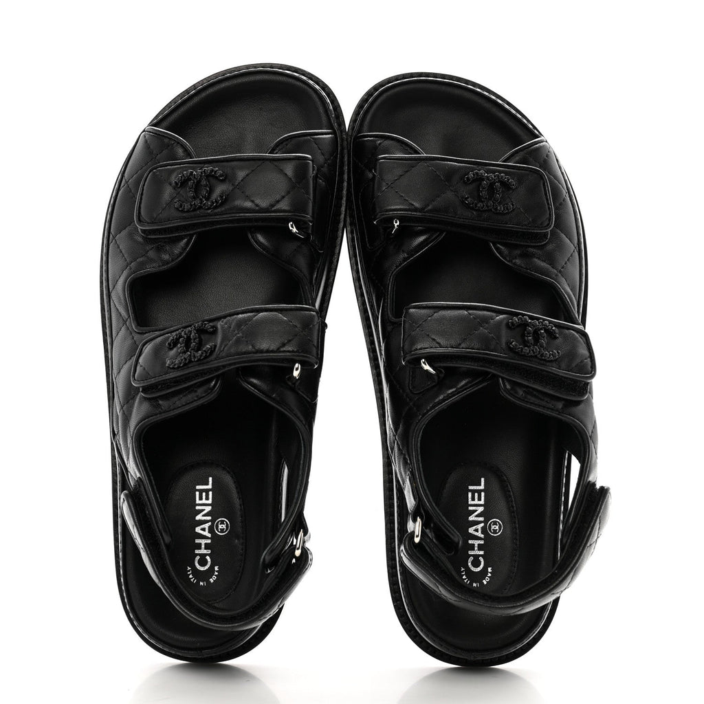 Lambskin Quilted Velcro Dad Sandals 37 So Black