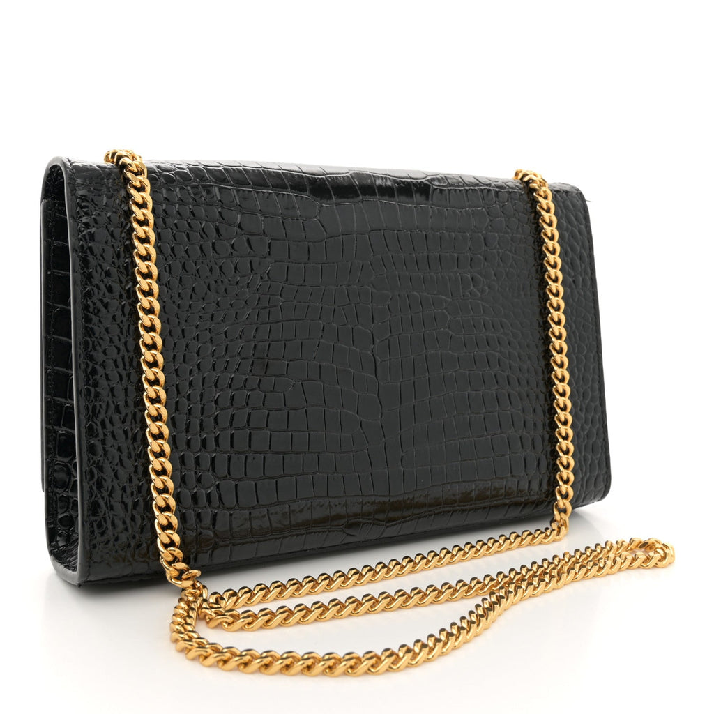 Calfskin Crocodile Embossed Medium Classic Monogram Kate Tassel Satchel Black