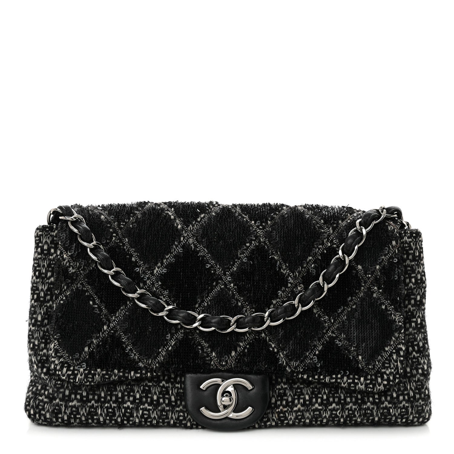Sequin Tweed Icons Large Accordion 3 Flap Black