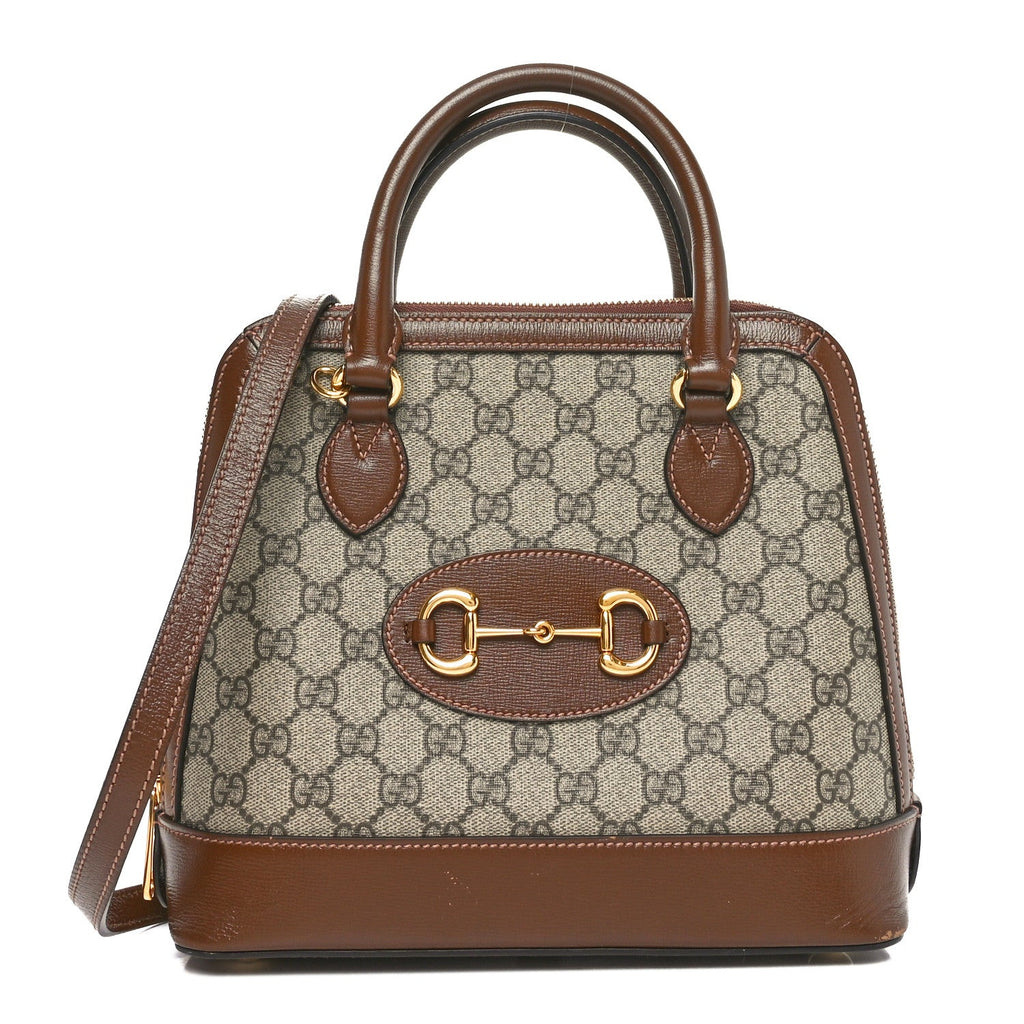 GG Supreme Monogram Azalea Calfskin Small Horsebit 1955 Top Handle Bag Beige Ebony Brown Sugar