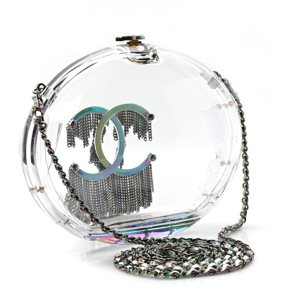 Plexiglass Iridescent Chain Fringe CC Clutch Clear