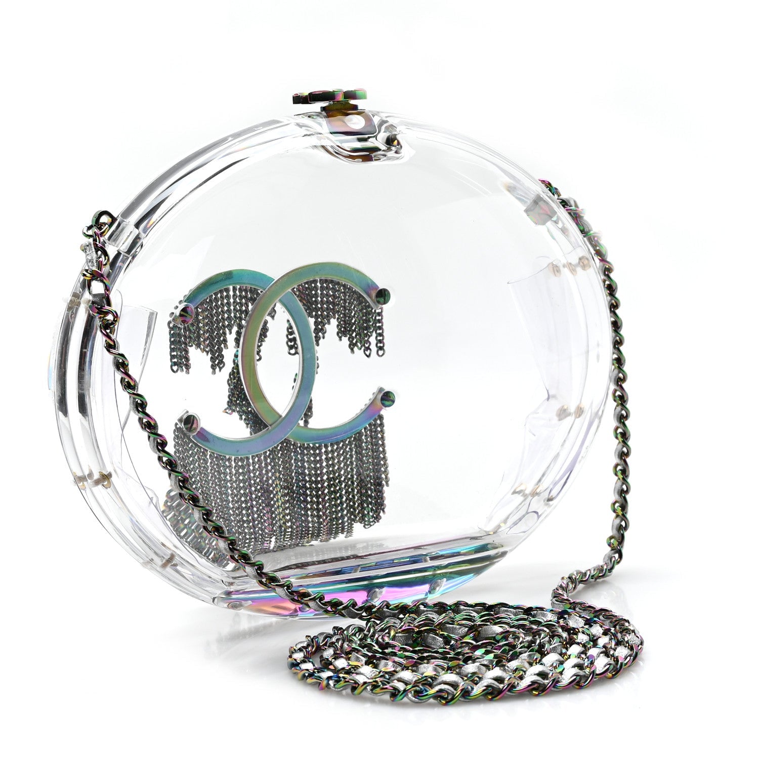 Plexiglass Iridescent Chain Fringe CC Clutch Clear