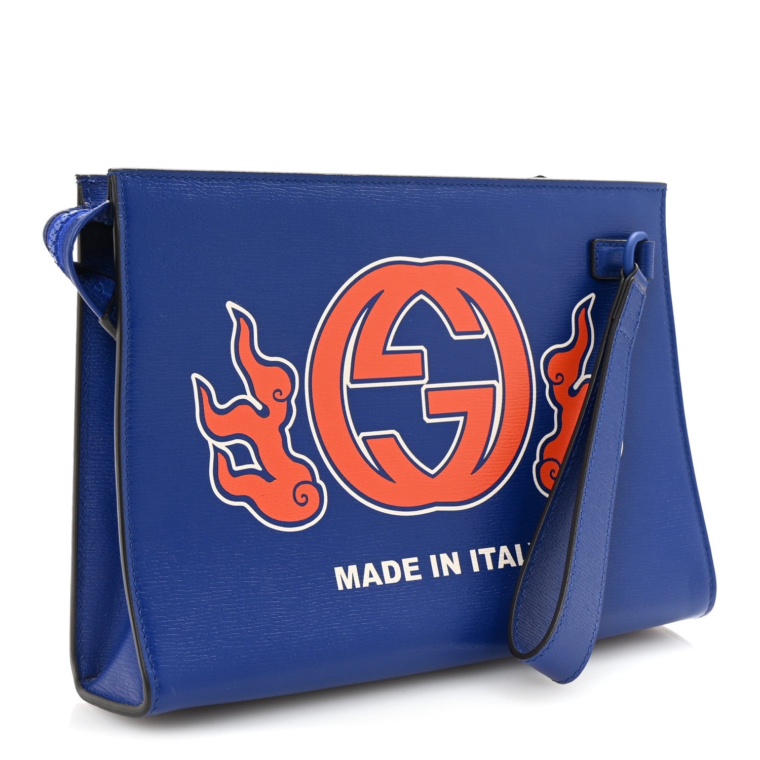 New Shanghai Calfskin Interlocking G Logo Wristlet Clutch Cobalt Blue Orange
