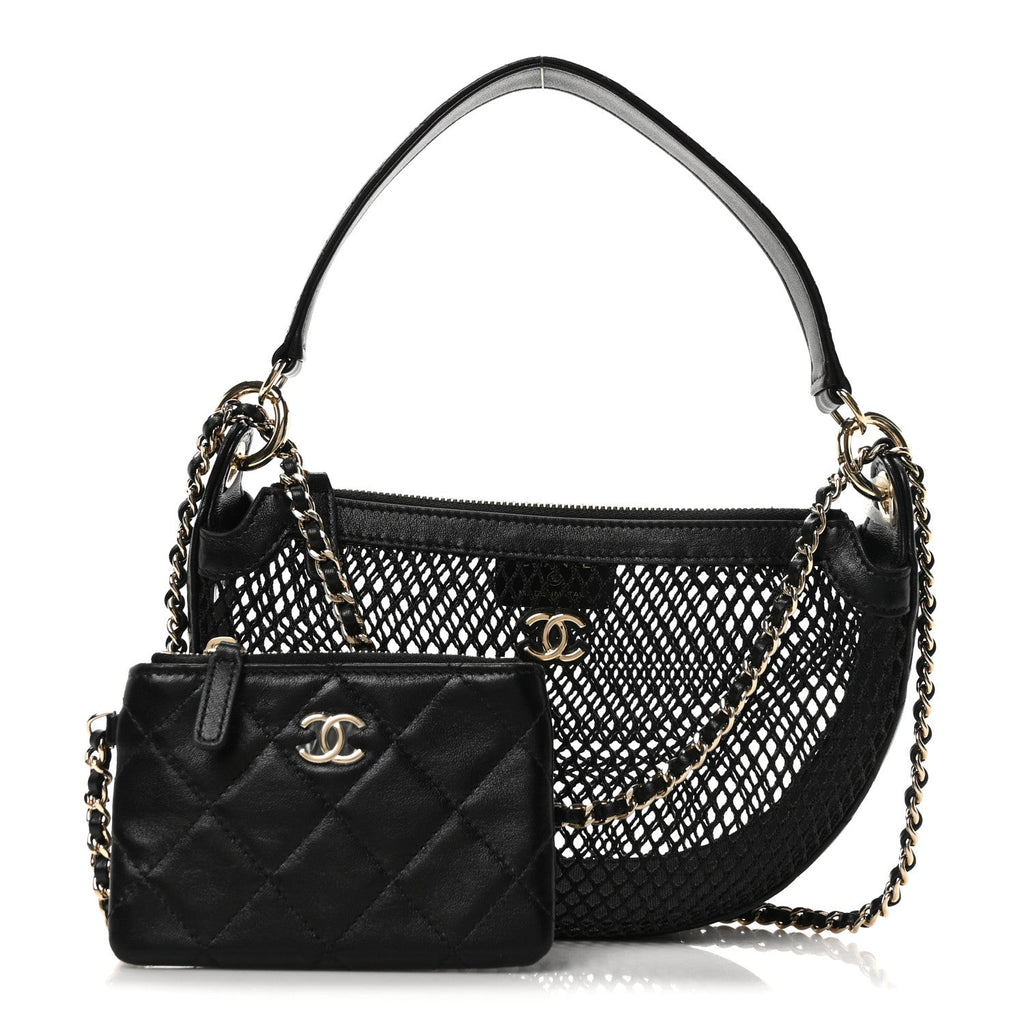 Mesh Shiny Lambskin Chain Hobo Black