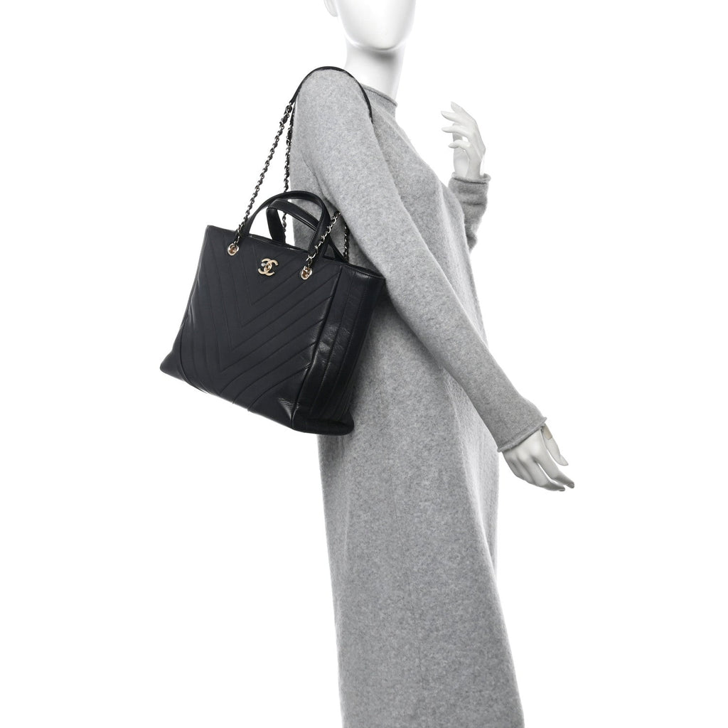 Calfskin Chevron Quilted Statement Shopping Tote Black