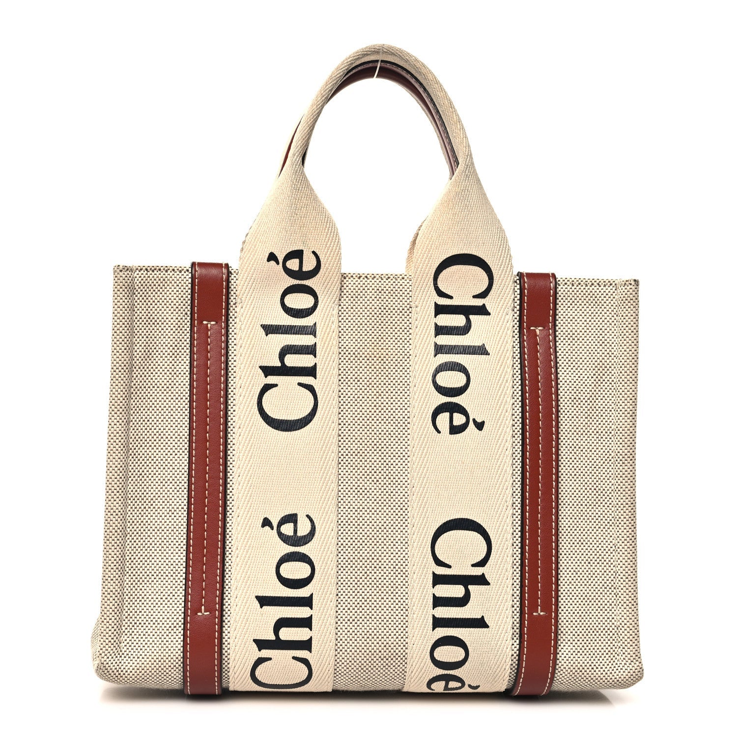 Cotton Calfskin Small Woody Ribbon Tote White Brown