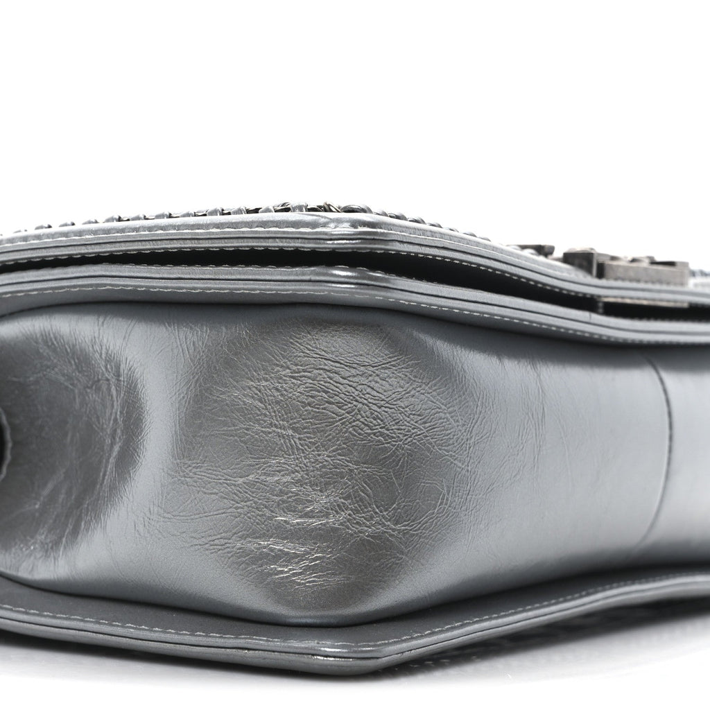 Metallic Calfskin Quilted Medium Top Handle Boy Flap Silver
