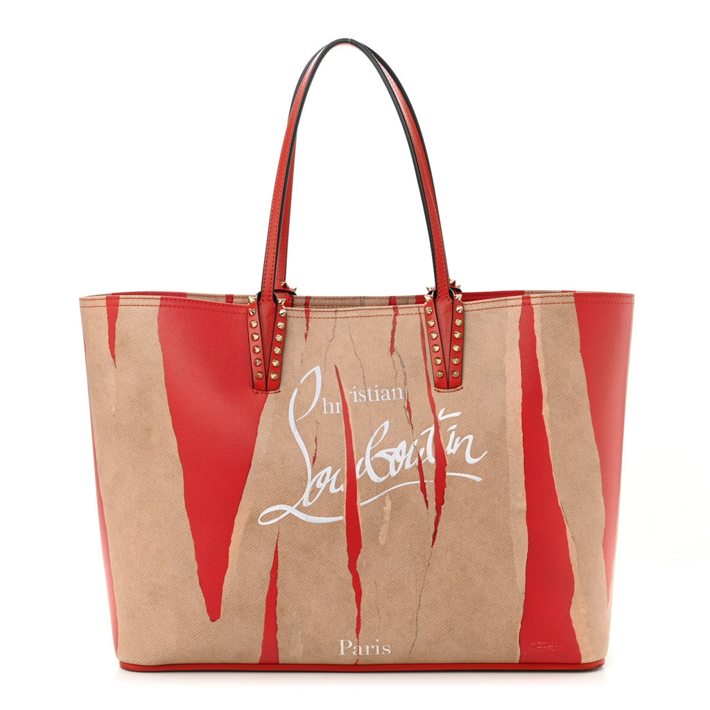 Calfskin Spikes Loubi Print East West Cabata Tote Kraft Red