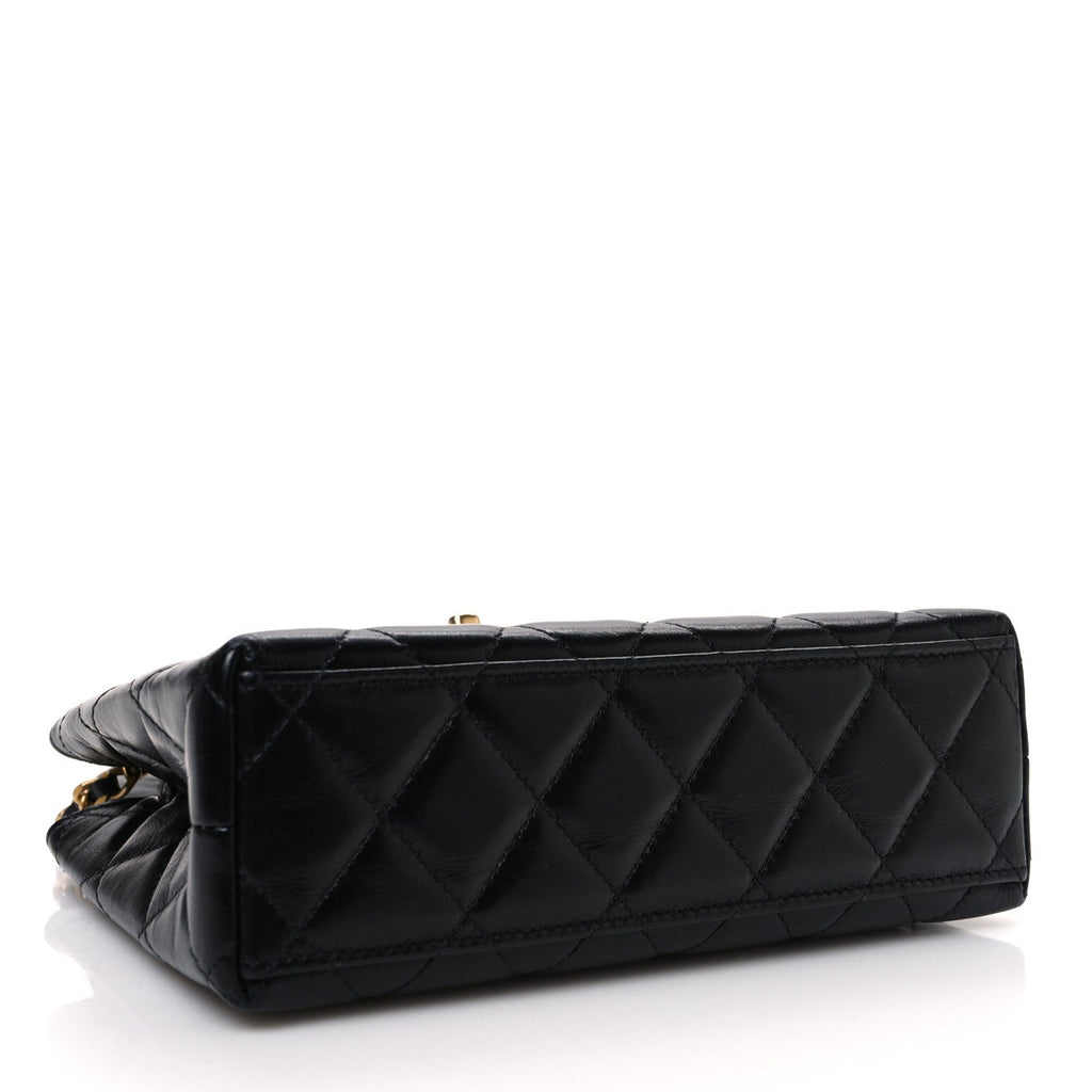 Shiny Aged Calfskin Quilted Nano Kelly Shopper Black