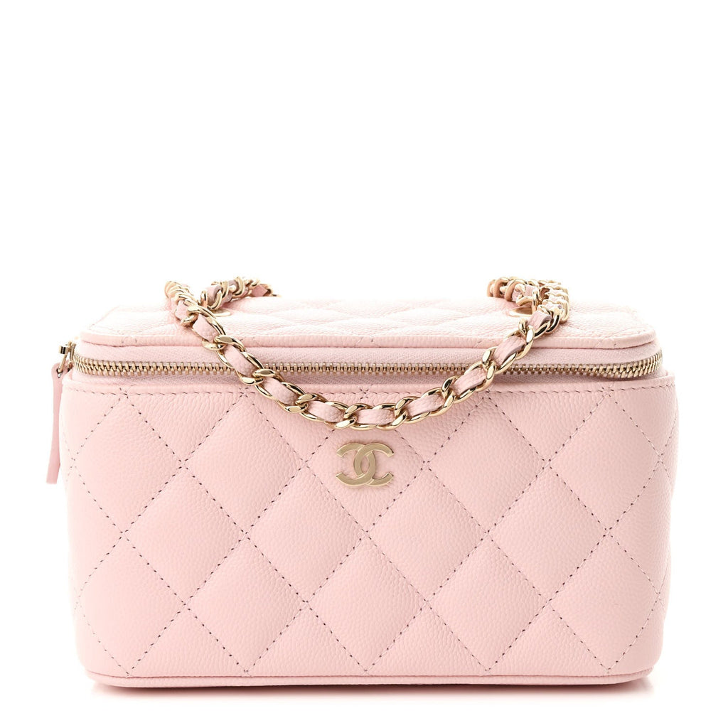 Caviar Quilted Small Vanity Case With Chain Light Pink