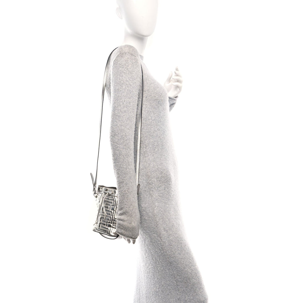 X MARC JACOBS Agnello Laminato Trapunta FF Mini Mon Tresor Bucket Bag Argento