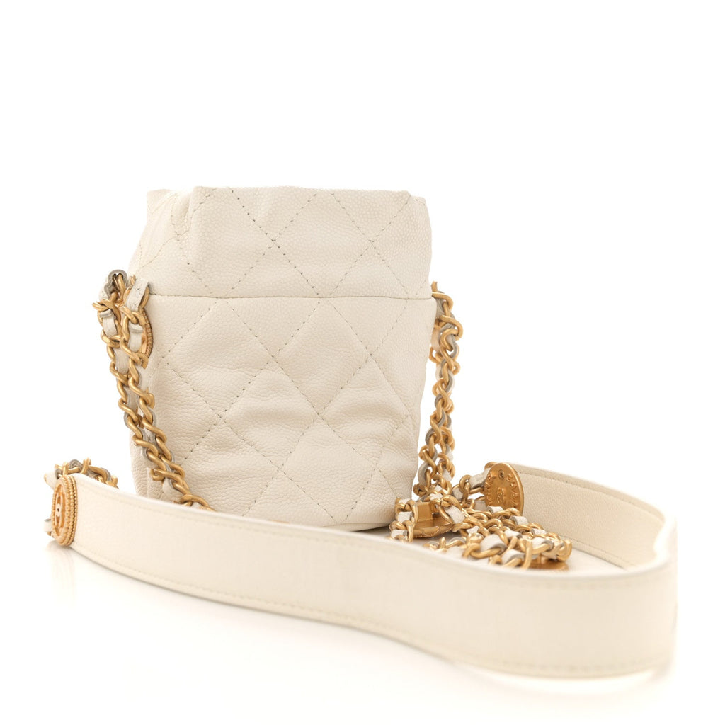 Caviar Quilted Twist Your Buttons Mini Bucket Bag White