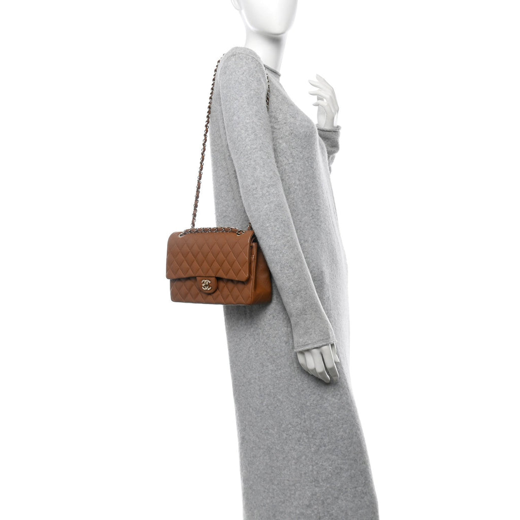 Lambskin Quilted Medium Double Flap Brown