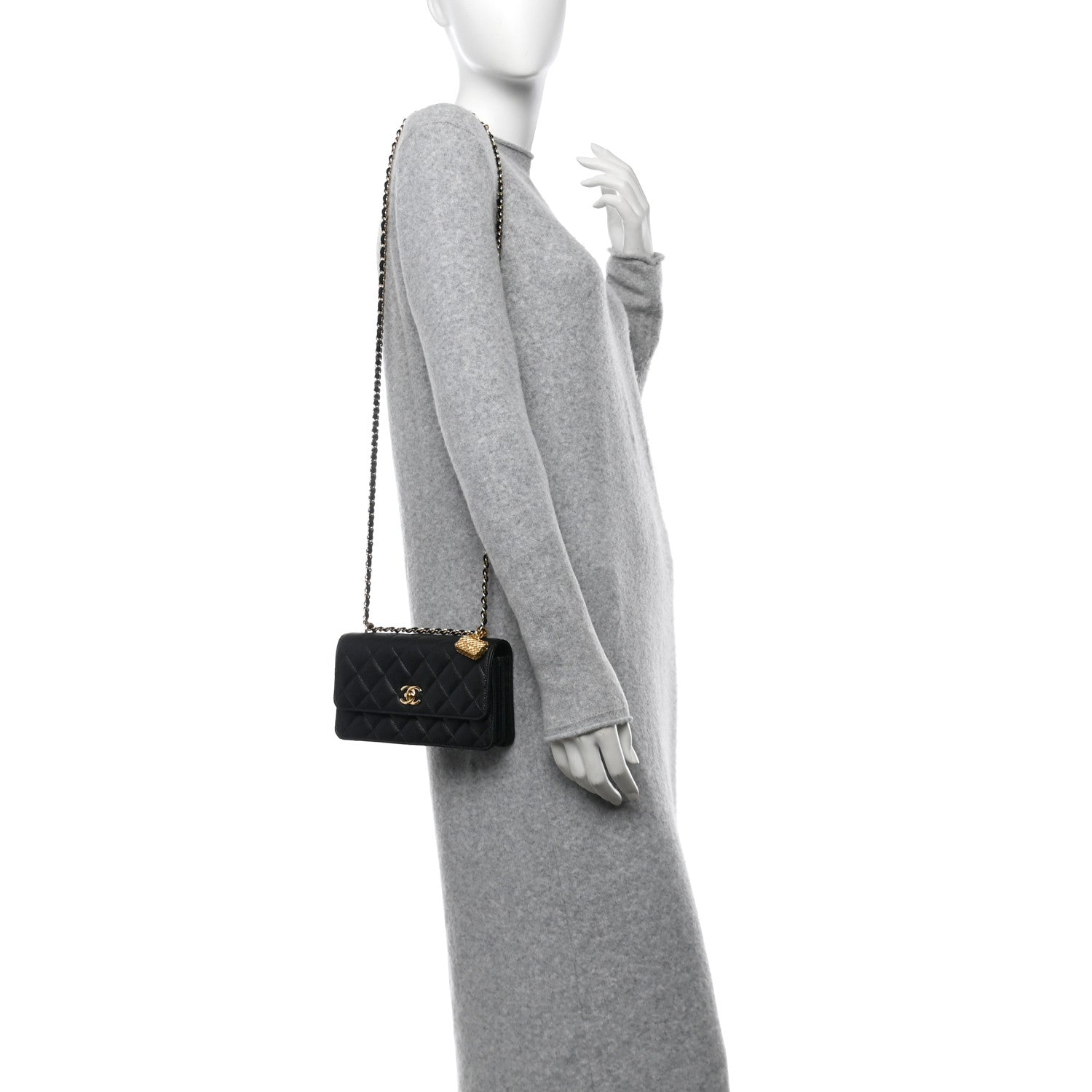 Shiny Caviar Quilted Flap Charm Wallet On Chain WOC Black