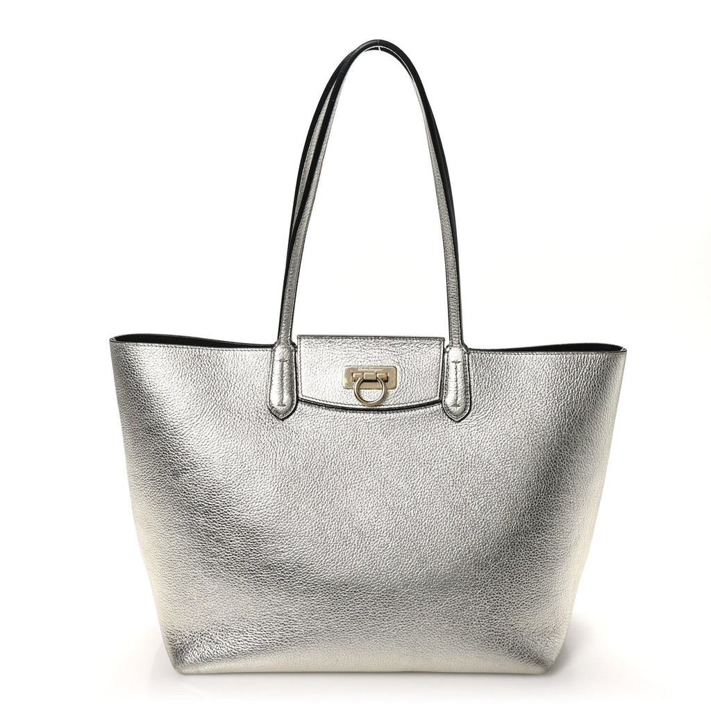 Metallic Grained Calfskin Travel Tote Silver