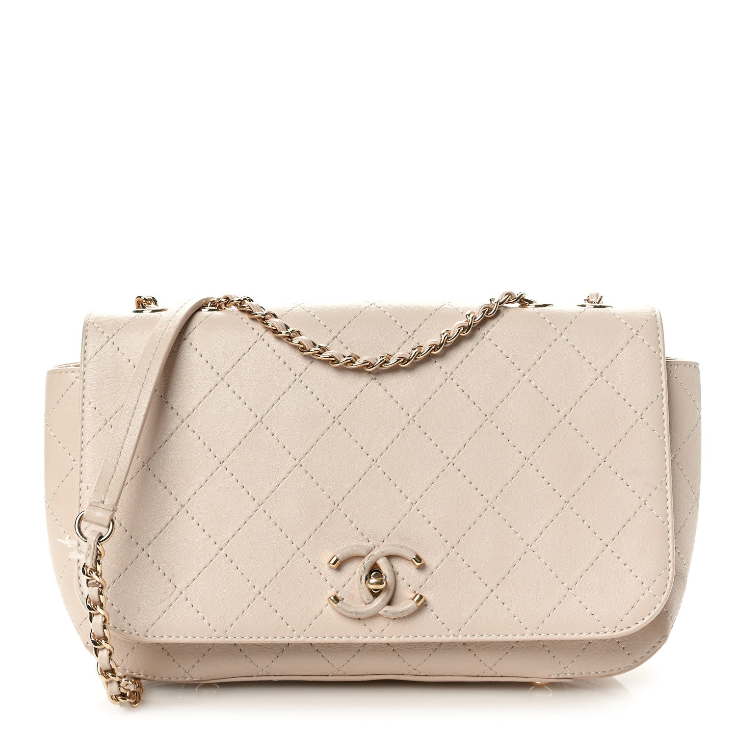 Calfskin Stitched Medium Covered CC Flap Bag Beige