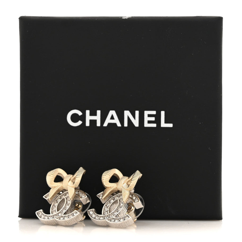 Crystal CC Bow Earrings Silver Gold