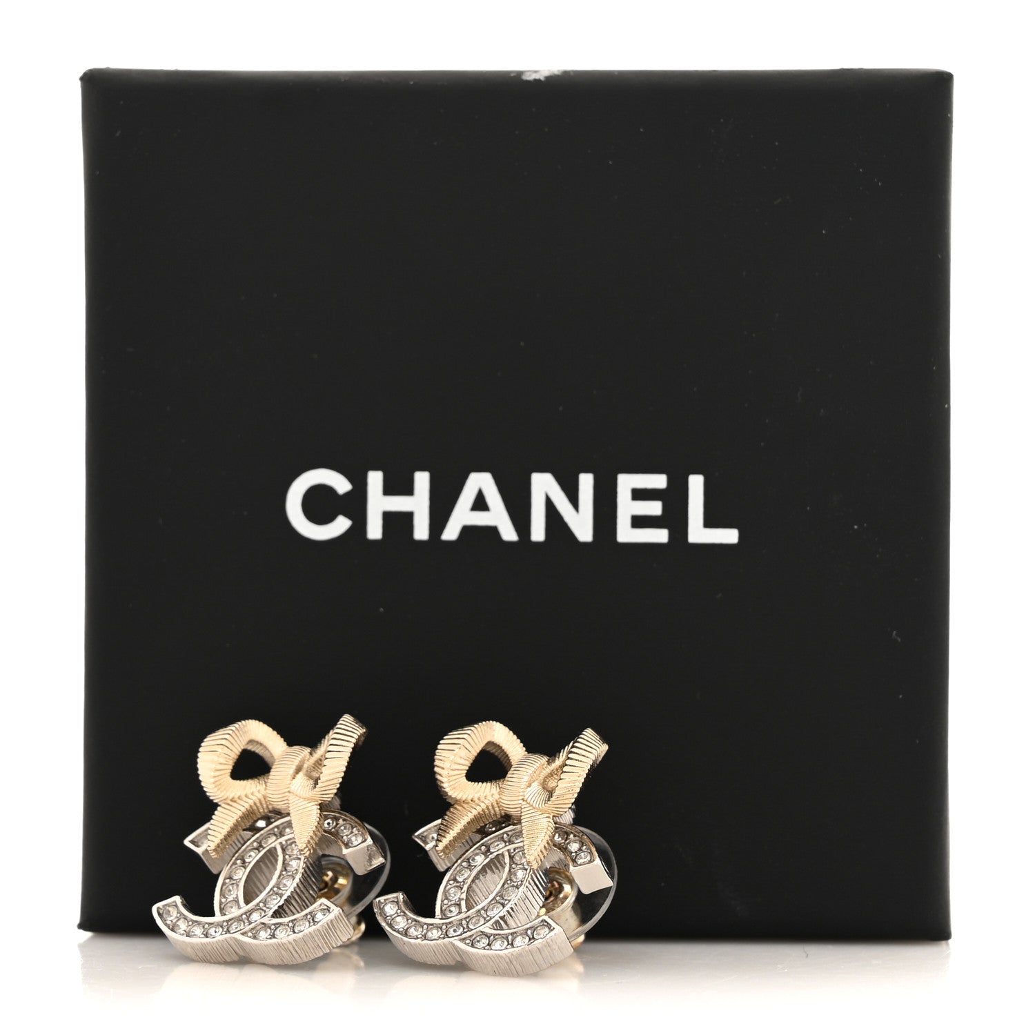 Crystal CC Bow Earrings Silver Gold