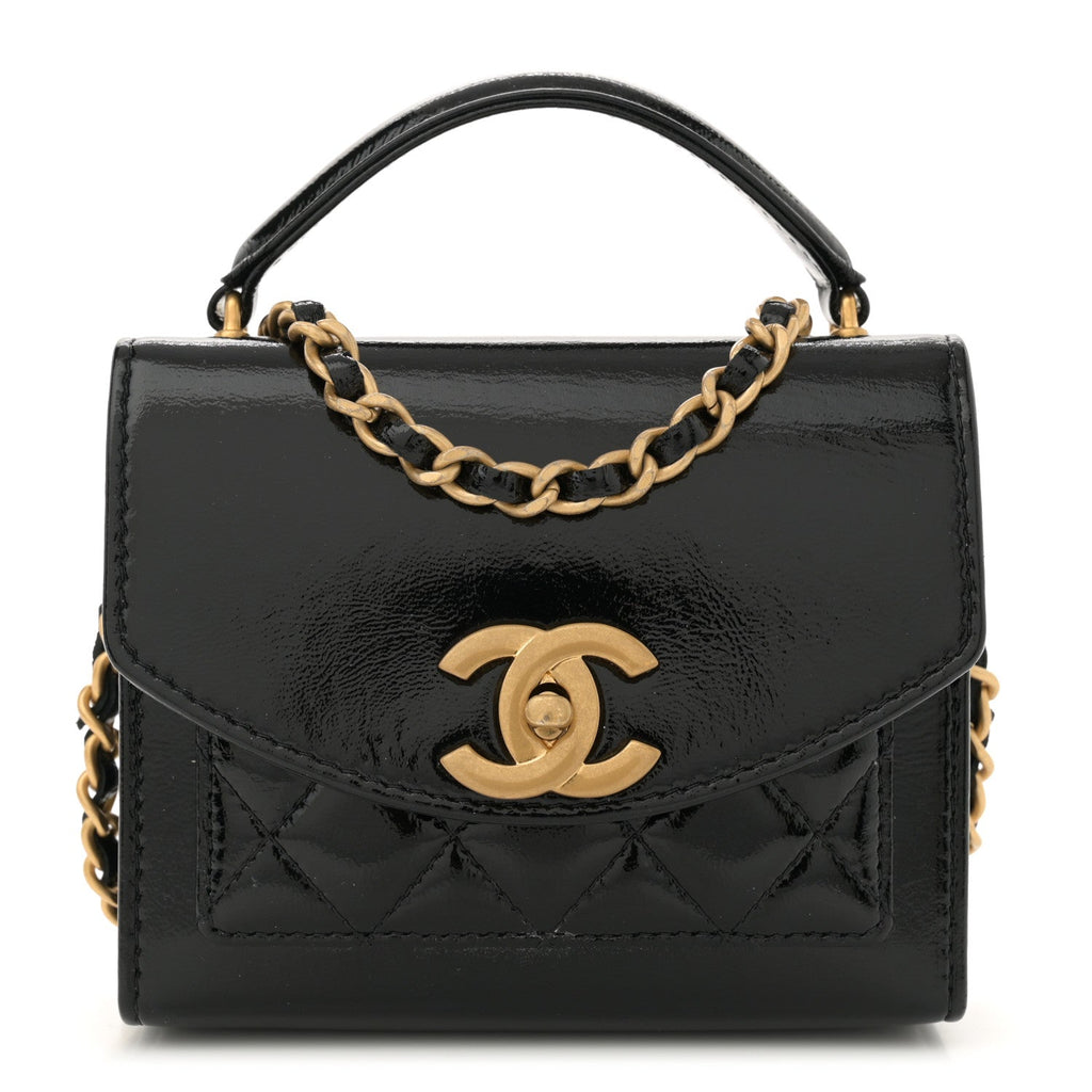 Shiny Lambskin Quilted Top Handle  Holder On Chain Black