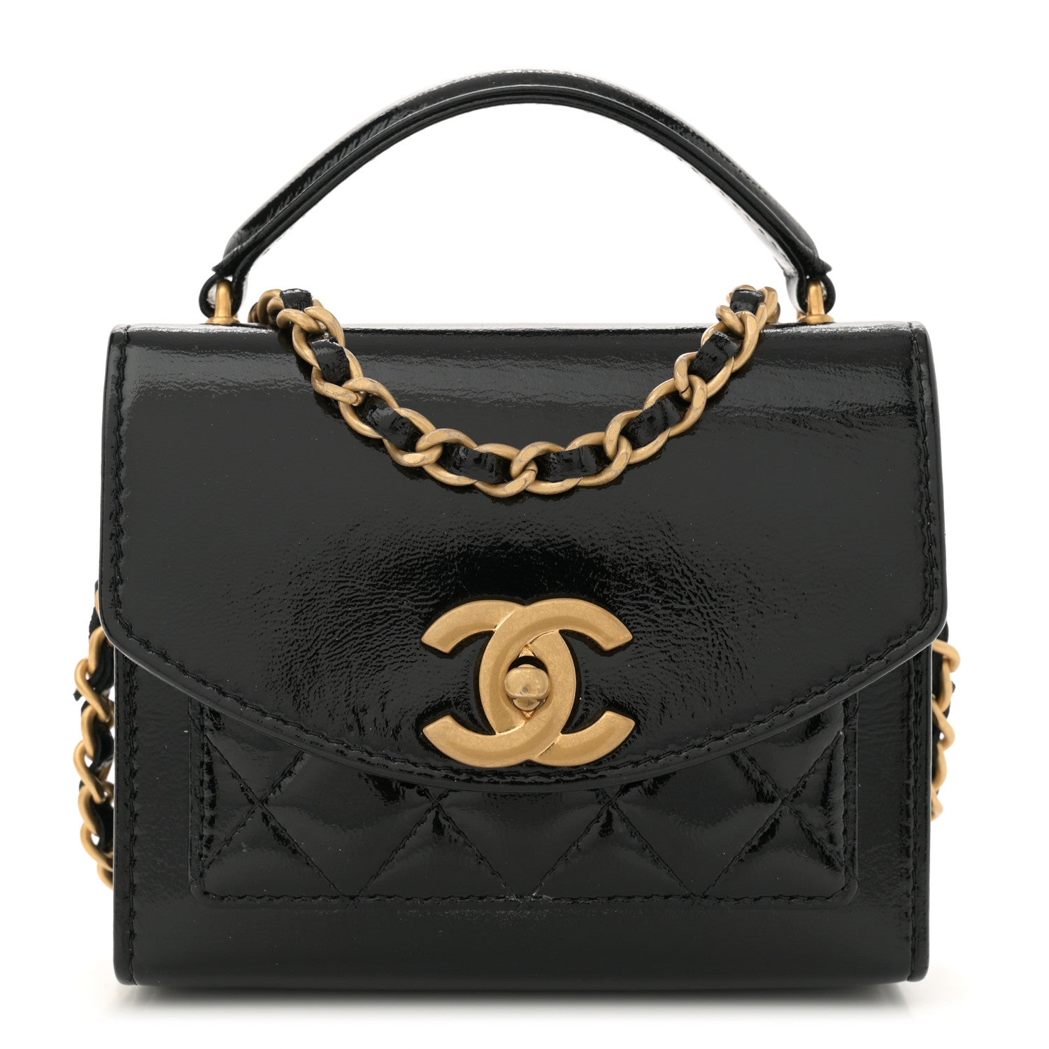 Shiny Lambskin Quilted Top Handle  Holder On Chain Black