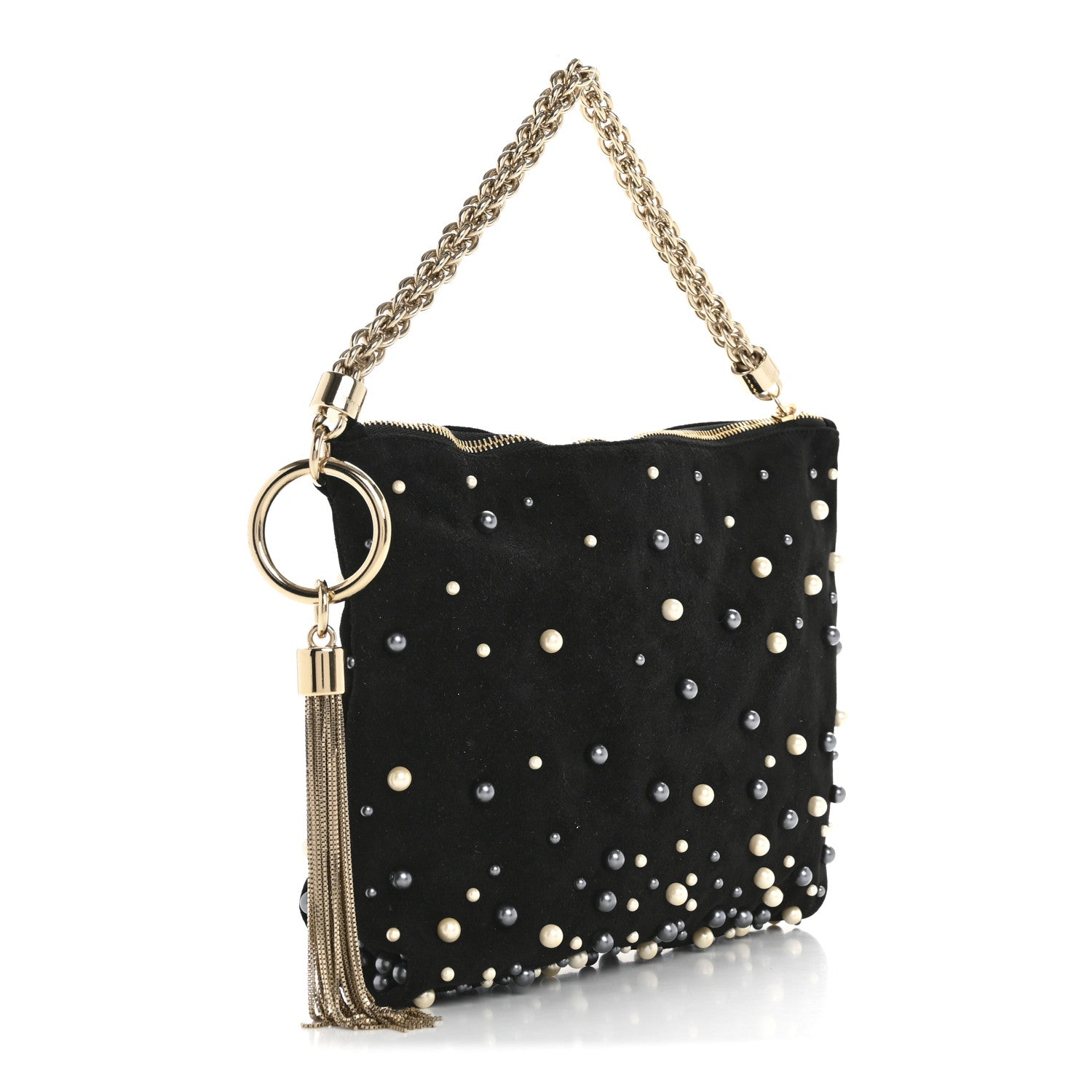 Suede Pearl Embellished Callie Tassel Clutch Bag Black