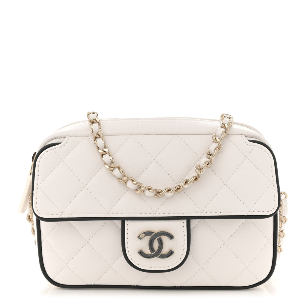 Lambskin Resin Quilted Chain Camera Bag White Black