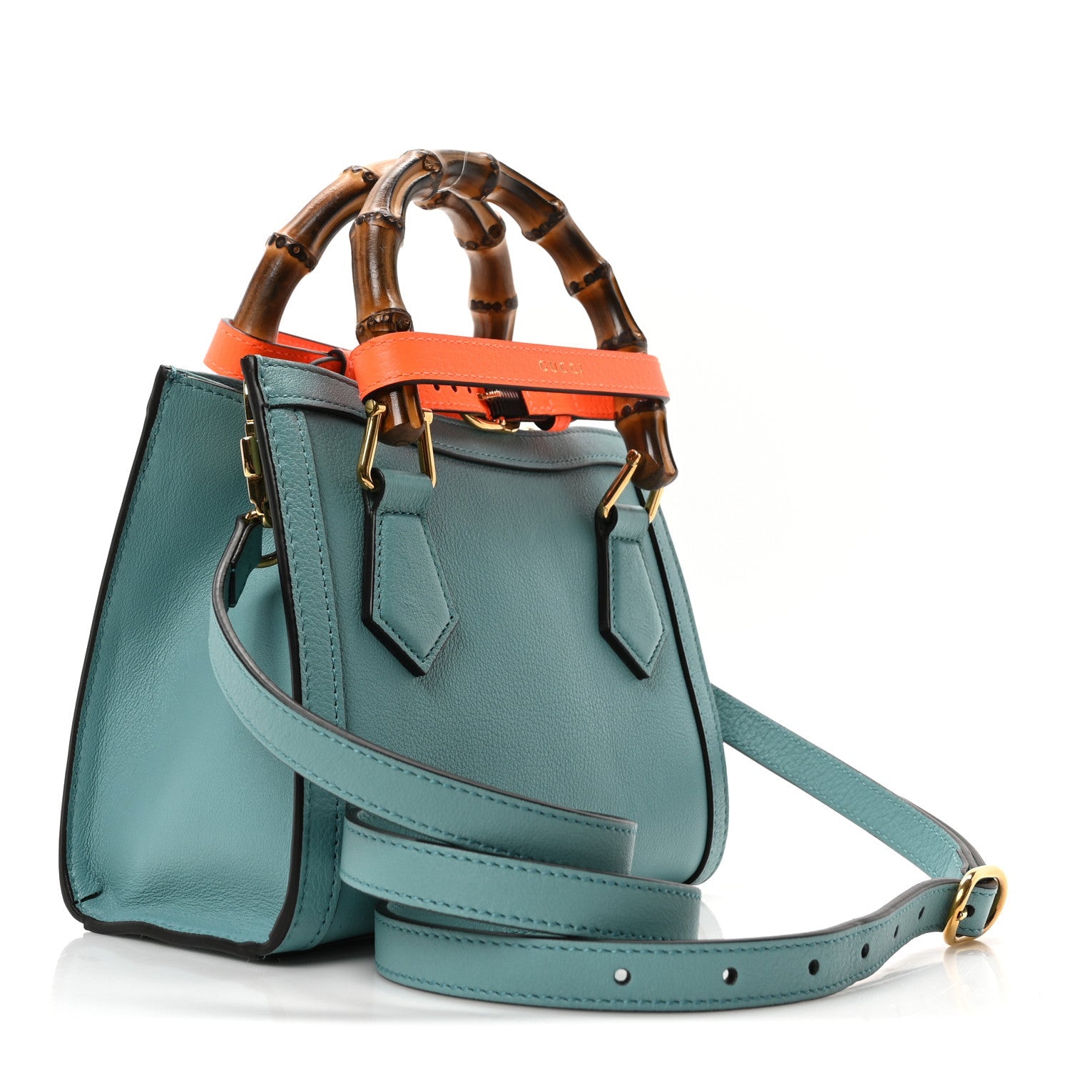 Textured Dollar Calfskin Web Mini Diana Tote Bag Dusty Azure Deep Orange