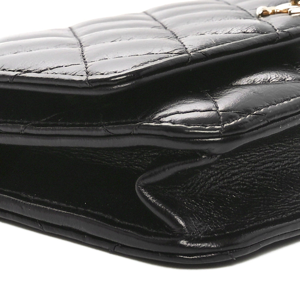 Shiny Aged Calfskin Enamel Logo Quilted Wallet On Chain WOC Black
