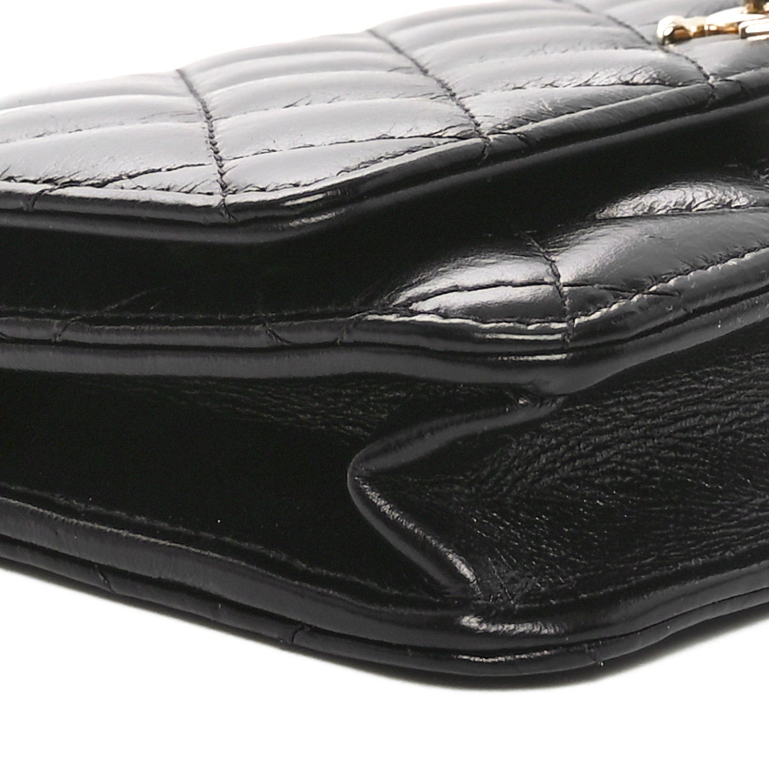 Shiny Aged Calfskin Enamel Logo Quilted Wallet On Chain WOC Black