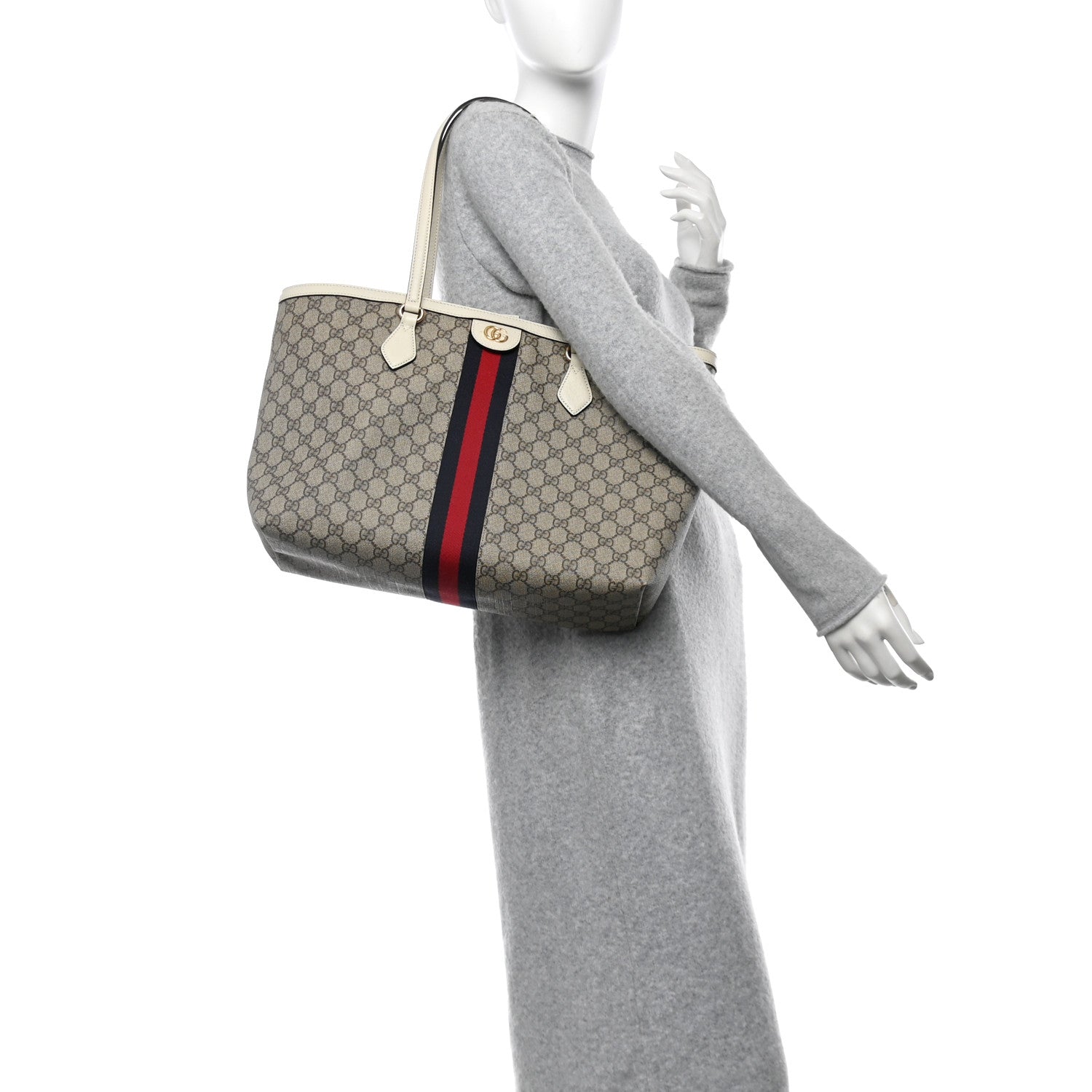 GG Supreme Monogram Textured Dollar Calfskin Web Medium Ophidia Shopping Tote Beige Ebony Mystic White
