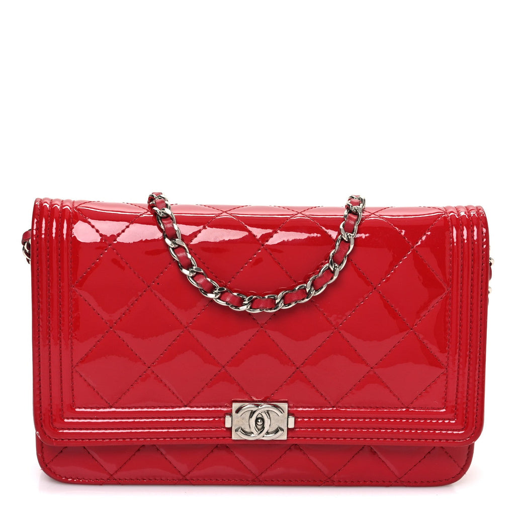 Patent Calfskin Quilted Boy Wallet On Chain WOC Red