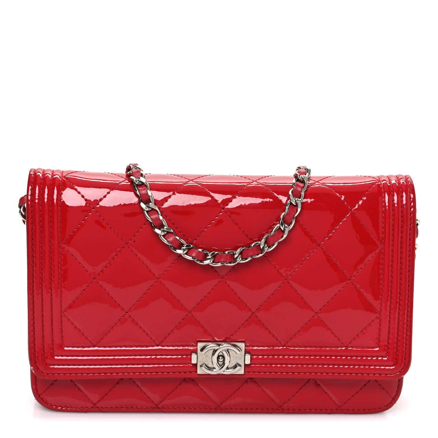 Patent Calfskin Quilted Boy Wallet On Chain WOC Red