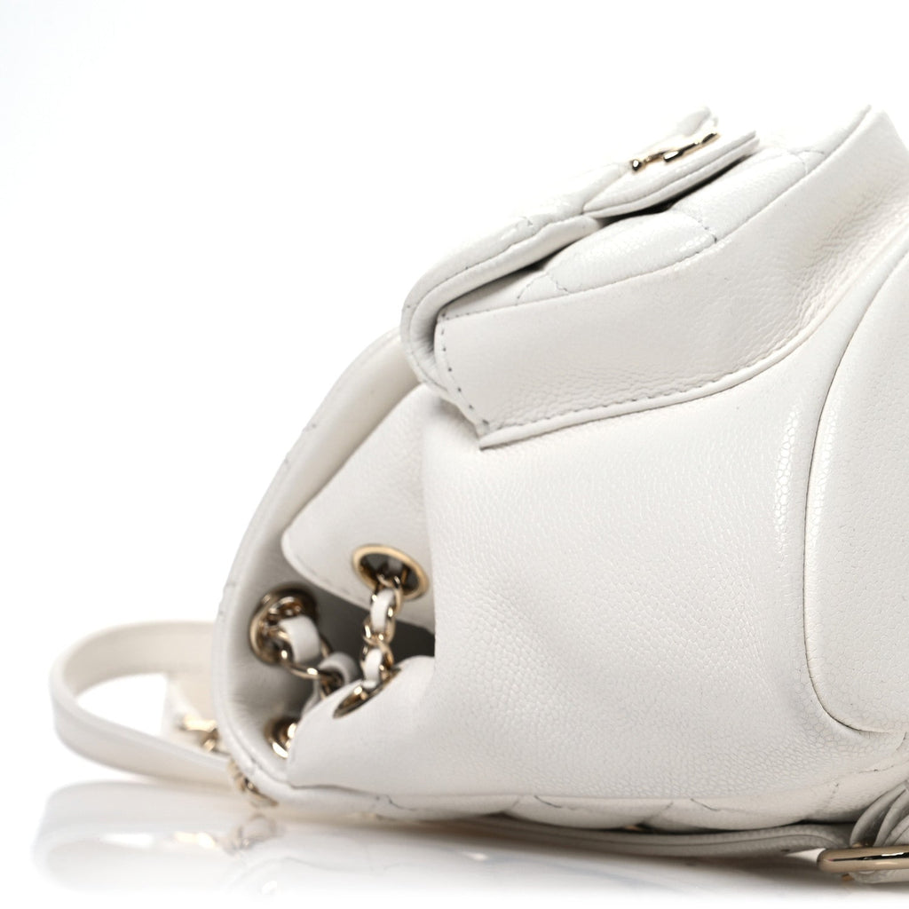 Shiny Caviar Quilted Small Duma Pockets Drawstring Backpack White