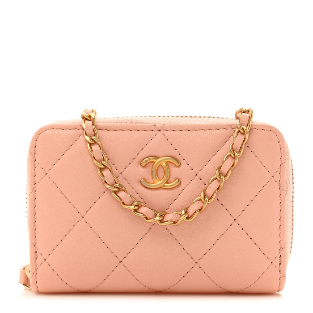 Lambskin Quilted CC Pearl Crush Zip  Holder On Chain Pink