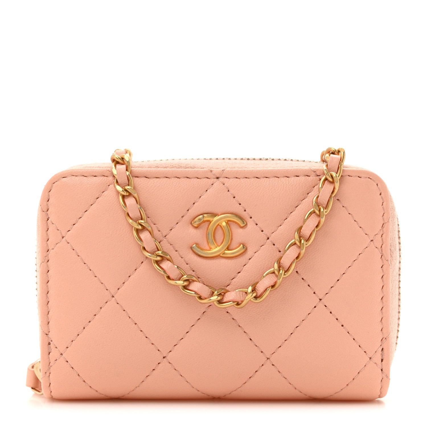 Lambskin Quilted CC Pearl Crush Zip  Holder On Chain Pink