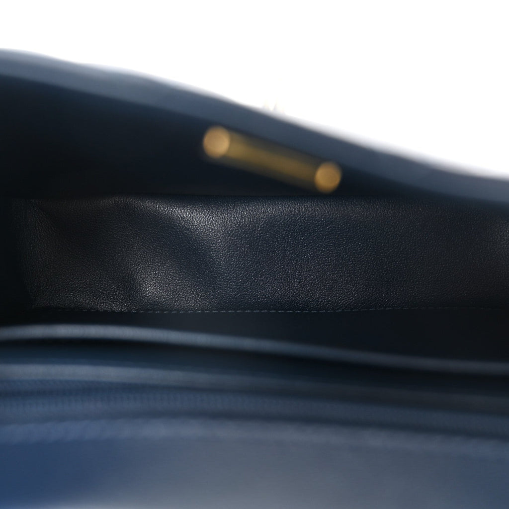 Lambskin Quilted Small Top Handle Square Flap Navy Blue