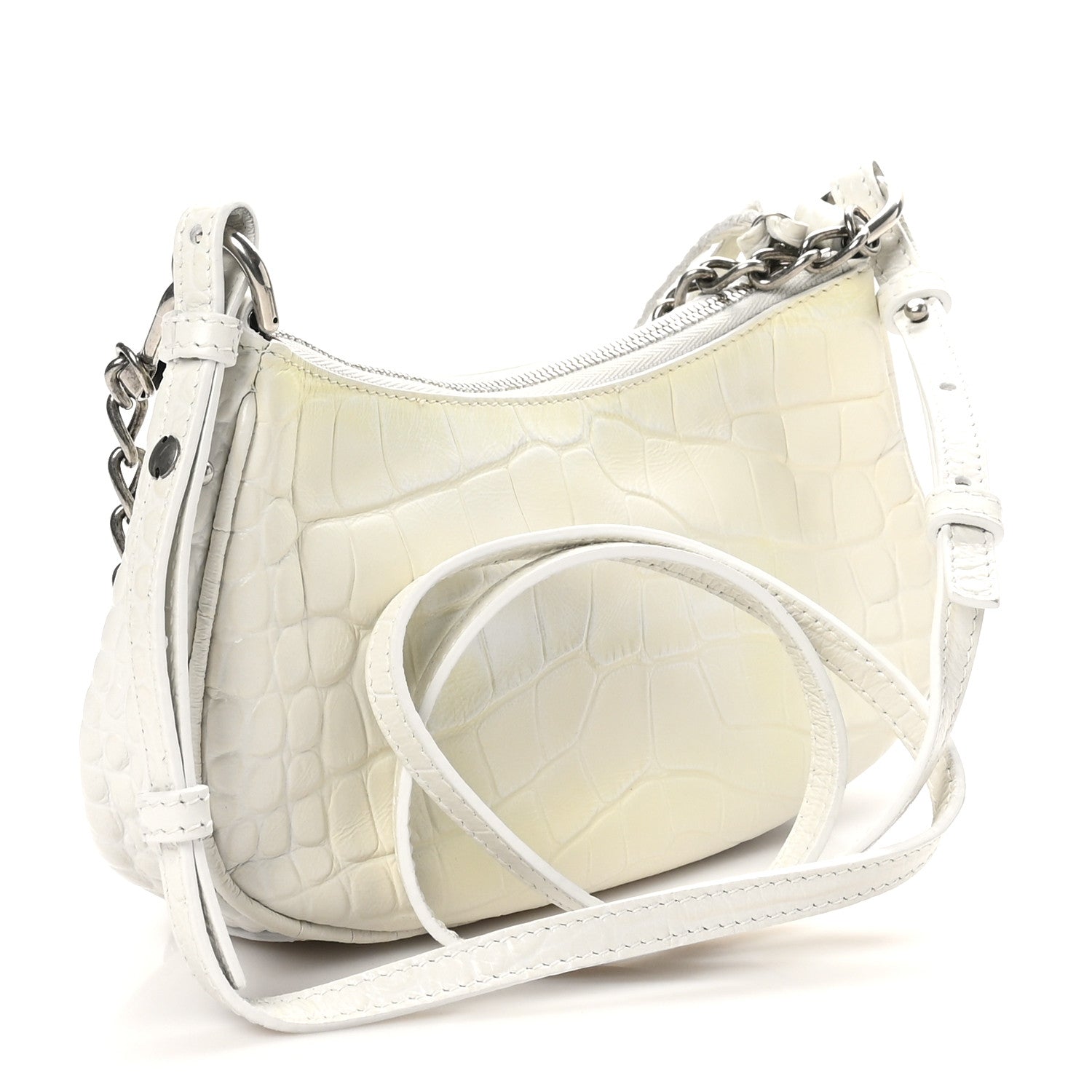 Extra Supple Calfskin Crocodile Embossed Le Cagole Mini Purse With Chain White