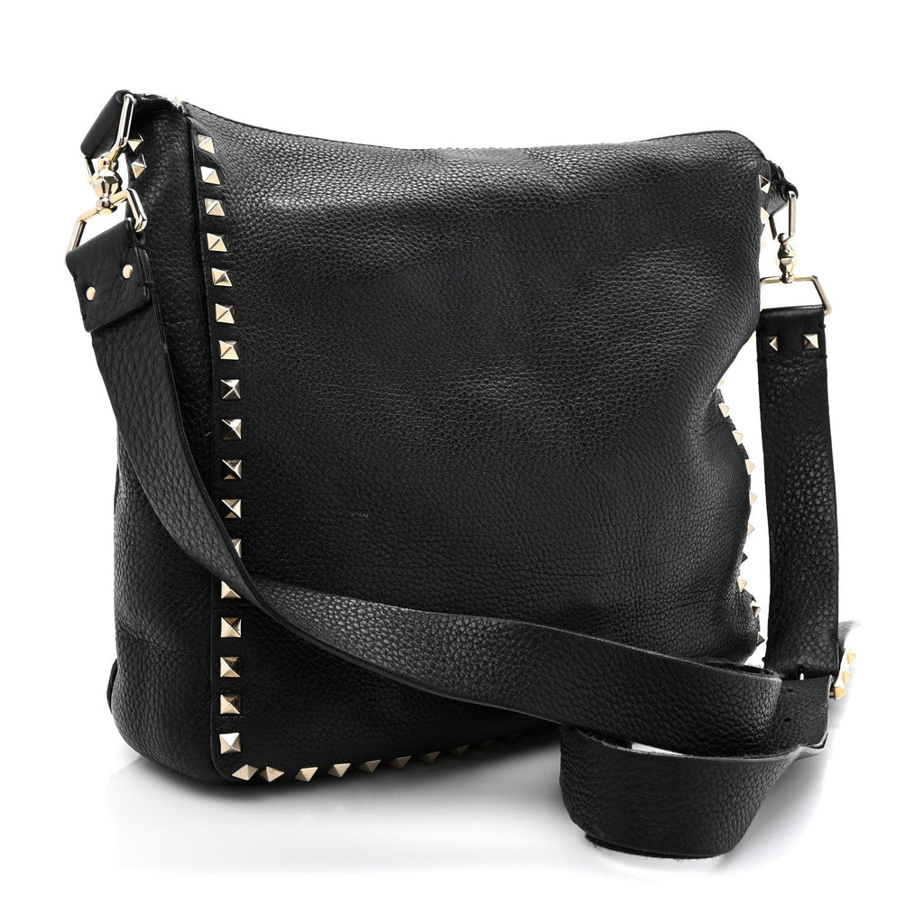 Pebbled Calfskin Small Rockstud Flip-Lock Messenger Bag Black