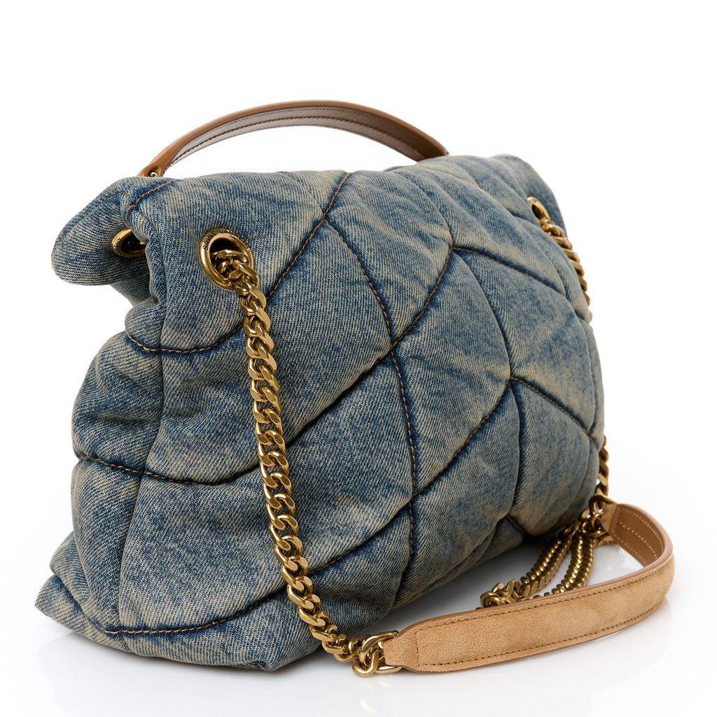 Denim Quilted Small Loulou Puffer Monogram Chain Satchel Blue Cinnamon