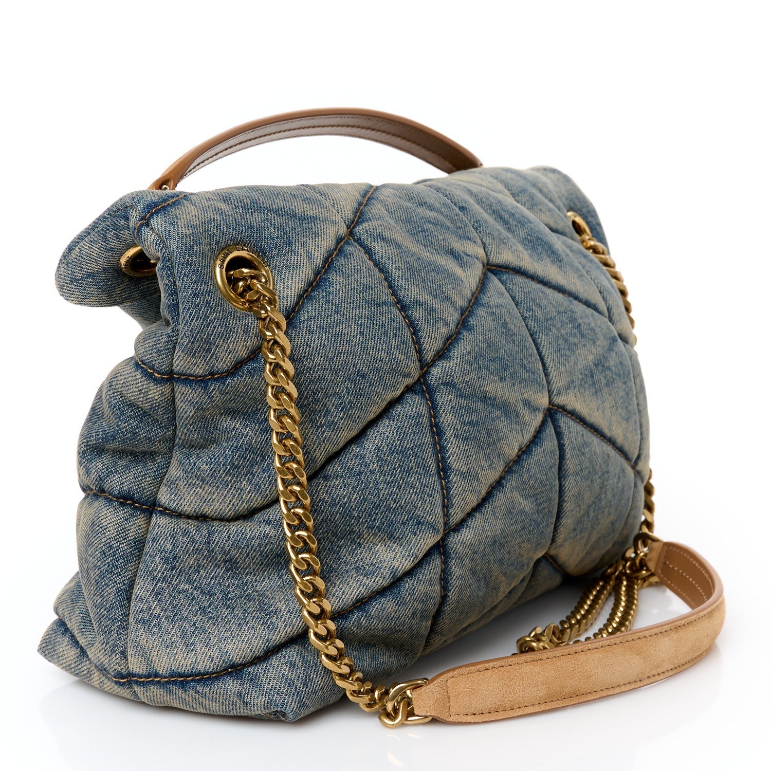Denim Quilted Small Loulou Puffer Monogram Chain Satchel Blue Cinnamon