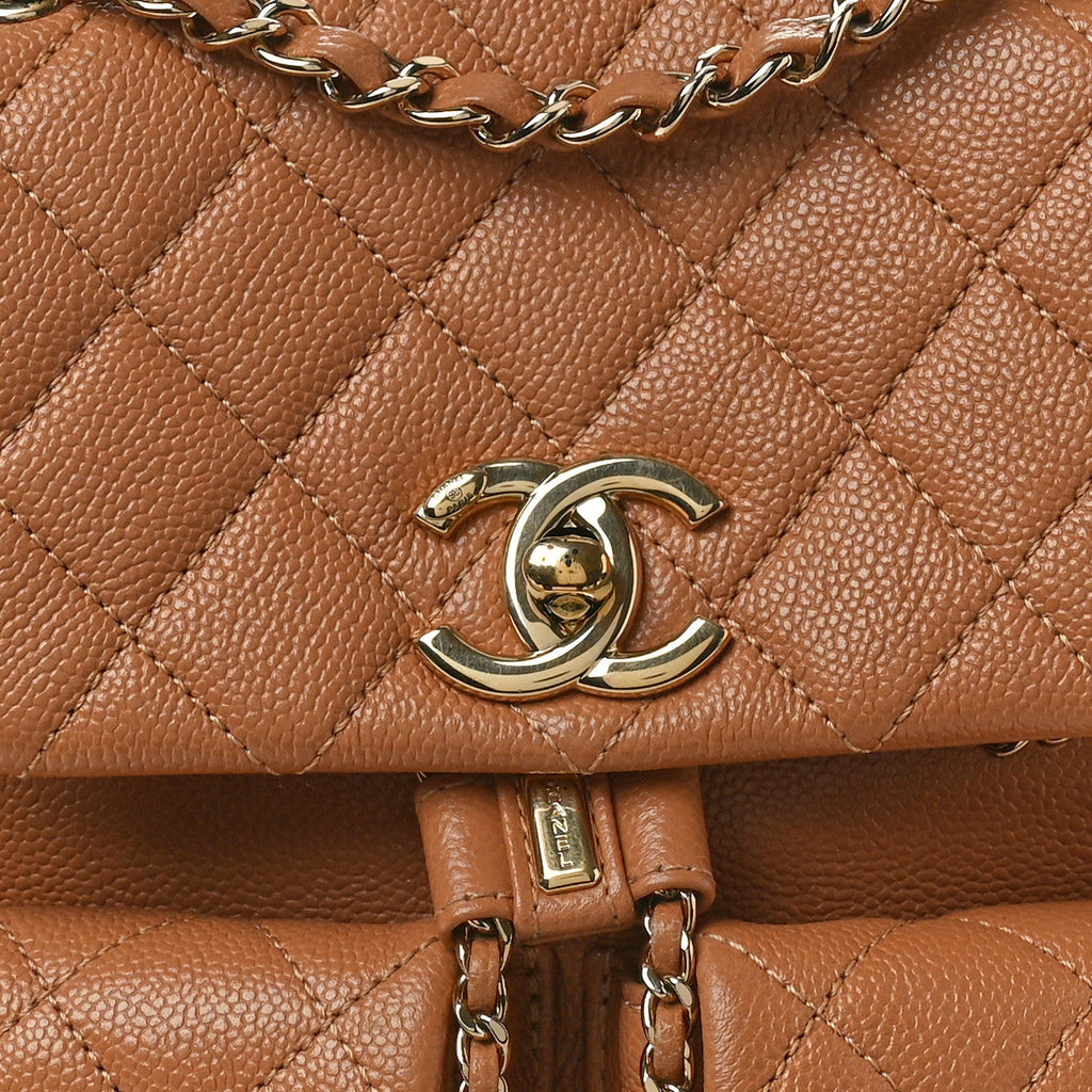 Shiny Caviar Quilted Medium Duma Pockets Drawstring Backpack Dark Beige