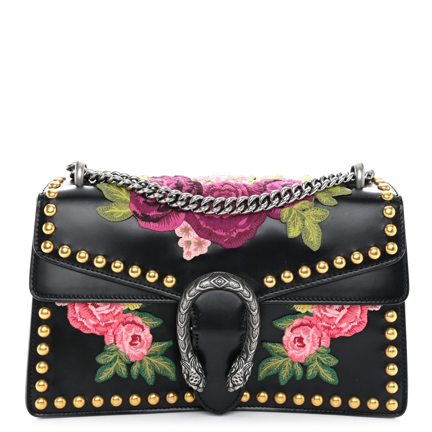Calfskin Floral Embroidered Studded Small Dionysus Shoulder Bag Black